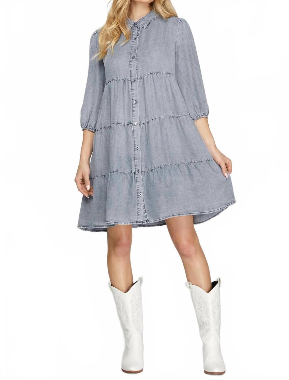 NEW SHE + SKY chambray tiered button down mini dress in light blue
